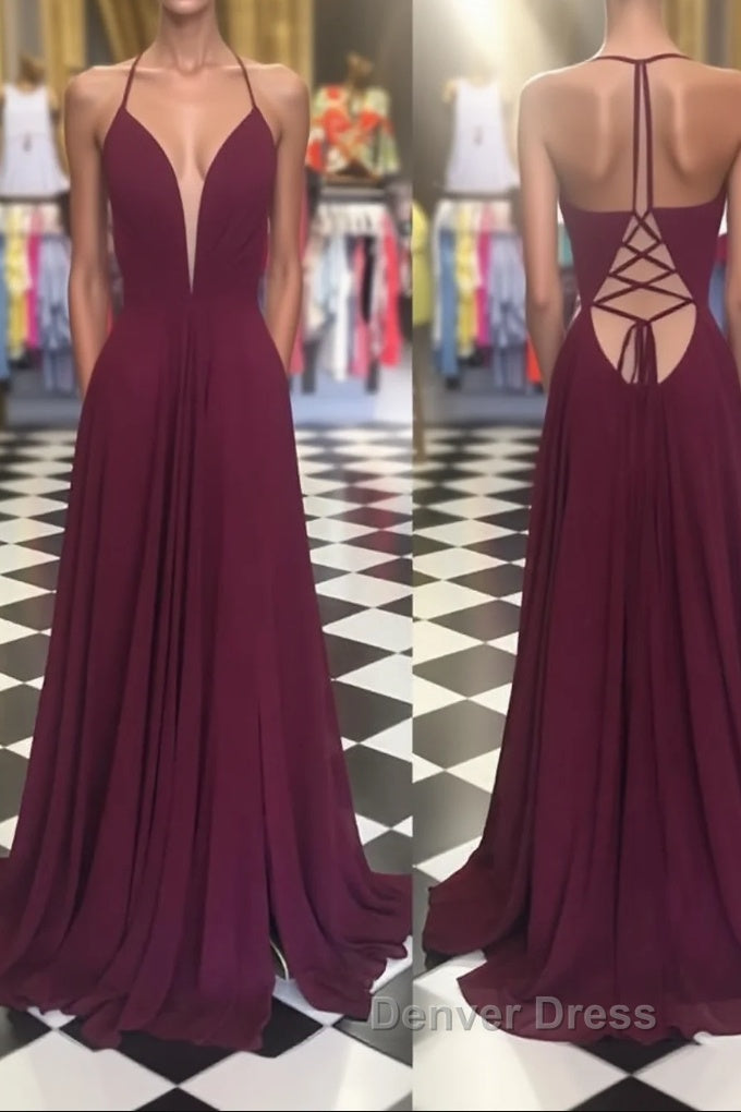 Simple v neck chiffon backless long prom Dress, Burgundy Prom Dresses