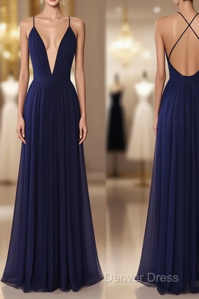 Simple V Neck Dark Blue Tulle Long Prom Dresses, Evening Dresses Main image