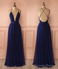 Simple V Neck Dark Blue Tulle Long Prom Dress, Evening Dress