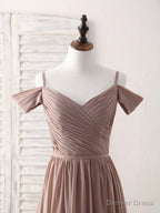 Simple V Neck Dark Champagne Chiffon Long Prom Dress, Bridesmaid Dress
