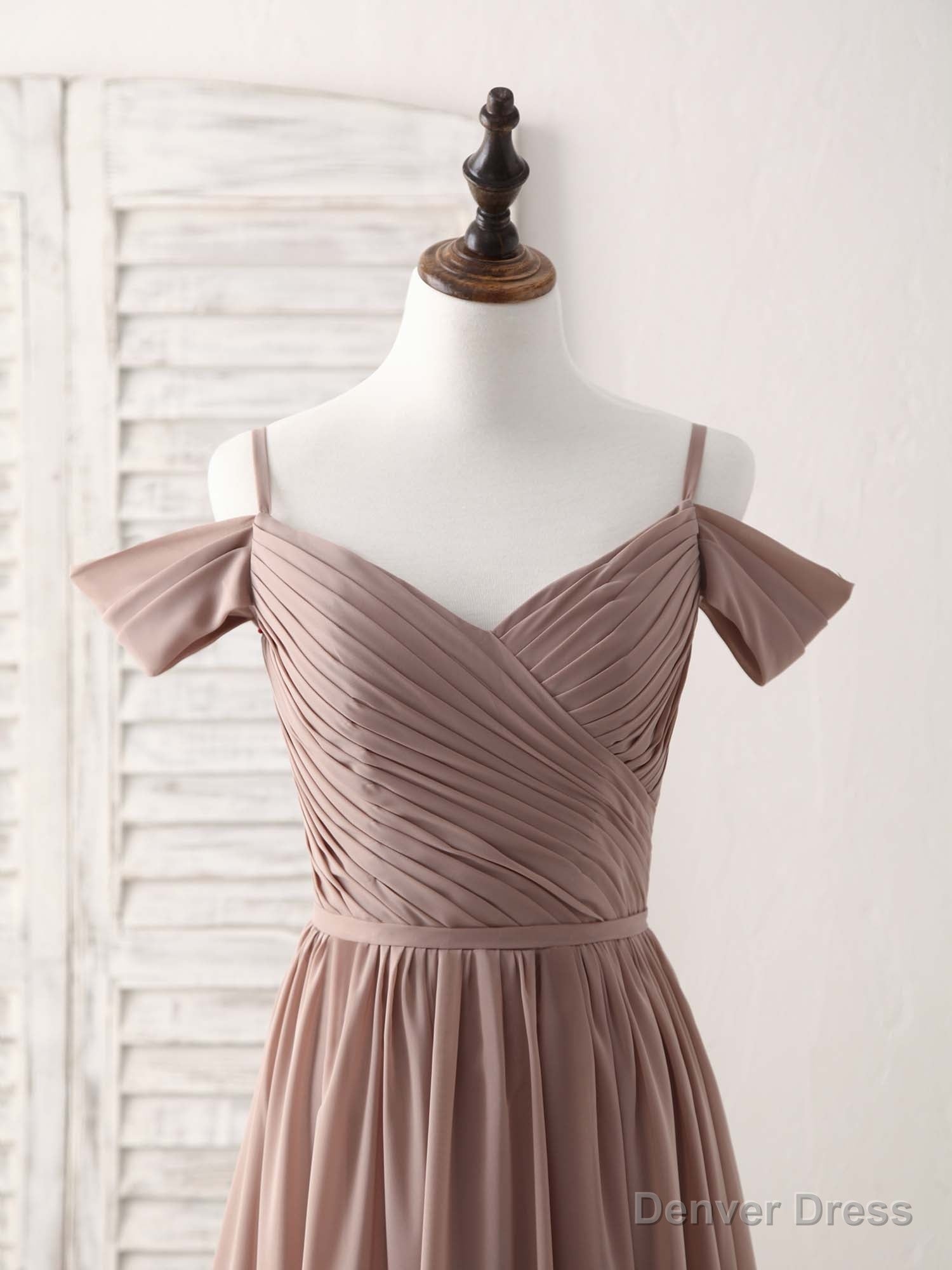 Simple V Neck Dark Champagne Chiffon Long Prom Dress, Bridesmaid Dress