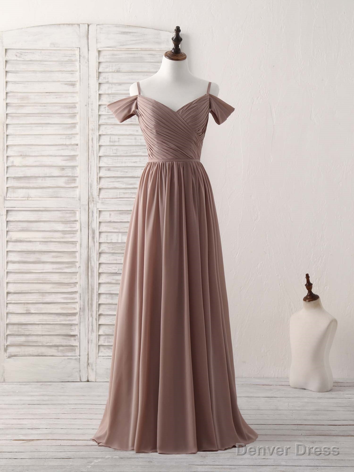 Simple V Neck Dark Champagne Chiffon Long Prom Dress, Bridesmaid Dresses Main image