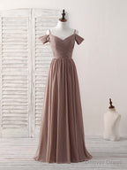 Simple V Neck Dark Champagne Chiffon Long Prom Dress, Bridesmaid Dresses
