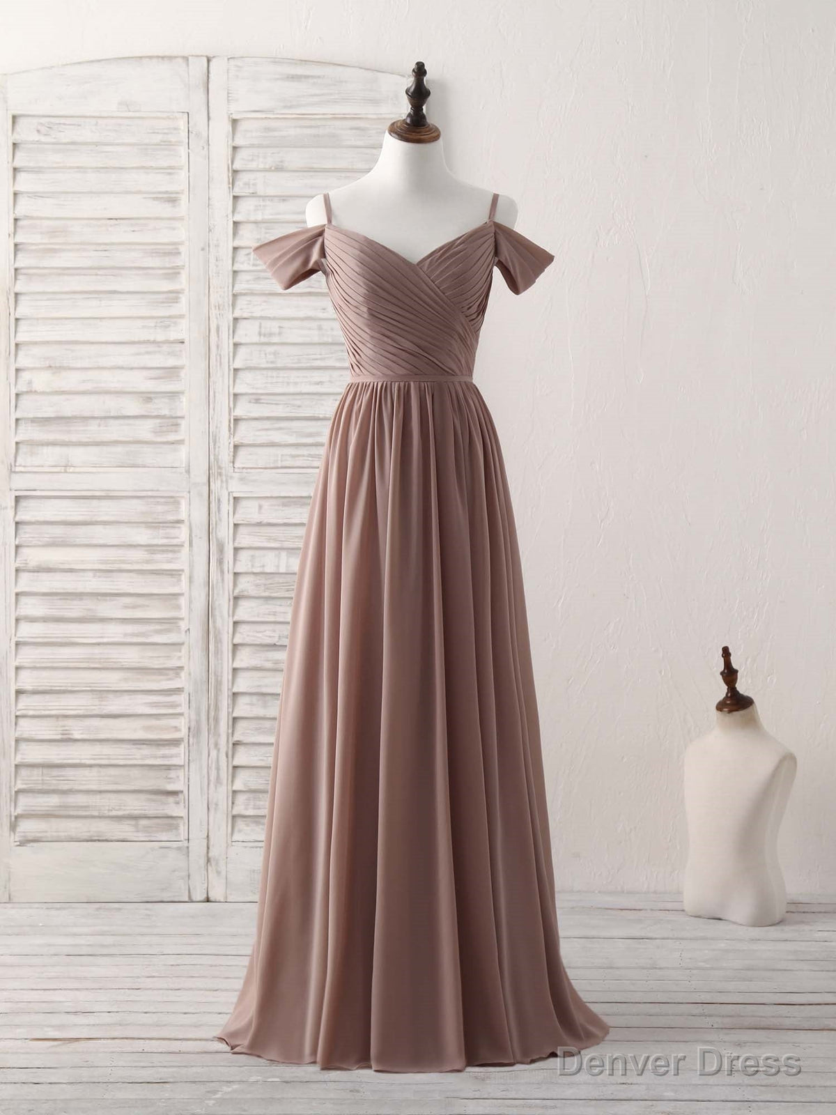 Simple V Neck Dark Champagne Chiffon Long Prom Dress, Bridesmaid Dresses