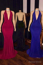 Simple V Neck Halter Brush Train Mermaid Prom Dresses