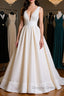 Simple V Neck Ivory Satin Long Prom Dresses, Open Back Ivory Formal Evening Dresses, Ivory Wedding Dresses