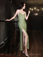 Simple V Neck Mermaid Sequin Green Prom Dress, Backless Green Prom Dresses