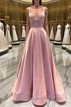 Simple v neck pink satin long prom Dress pink Prom Dresses