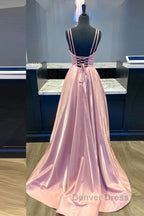 Simple v neck pink satin long prom Dress pink Prom Dresses