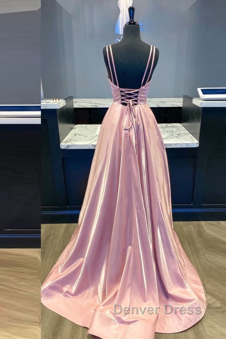 Simple v neck pink satin long prom Dress pink Prom Dresses