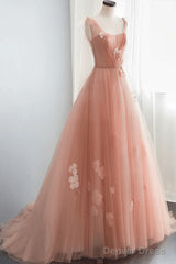 Simple V Neck Pink Tulle Long Prom Dress Pink Tulle A Line Evening Dress