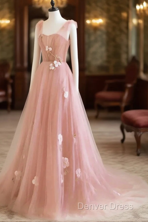 Simple V Neck Pink Tulle Long Prom Dresses Pink Tulle A Line Evening Dresses Main image