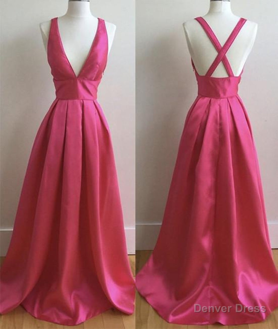 Simple V Neck Pleated Satin Long Prom Dresses, V Neck Evening Dresses, Formal Dresses, Graduation Dresses