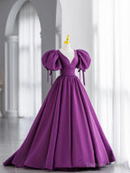 Simple V Neck Puffy Sleeves Satin Long Prom Dress, Satin Prom Dresses