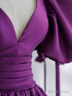 Simple V Neck Puffy Sleeves Satin Long Prom Dress, Satin Prom Dresses