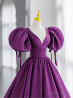 Simple V Neck Puffy Sleeves Satin Long Prom Dress, Satin Prom Dresses
