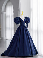 Simple V Neck Puffy Sleeves Satin Long Prom Dress, Satin Prom Dresses