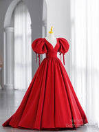 Simple V Neck Puffy Sleeves Satin Long Prom Dress, Satin Prom Dresses