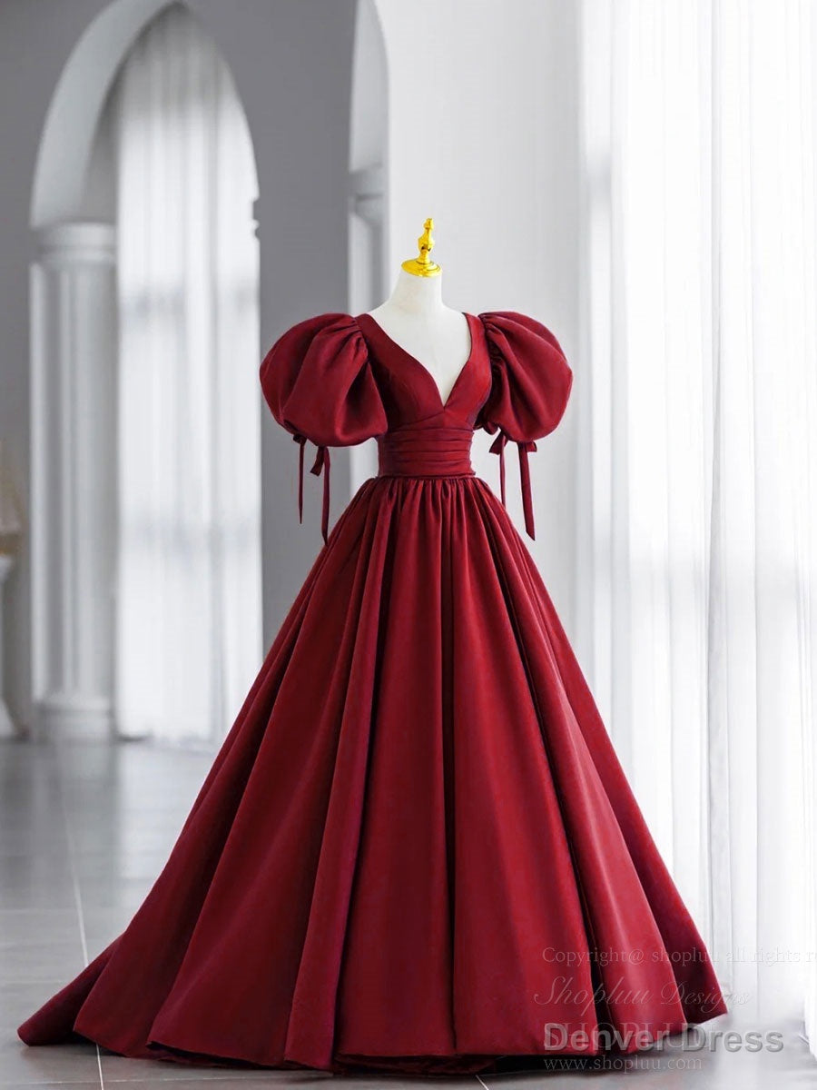 Simple V Neck Puffy Sleeves Satin Long Prom Dress, Satin Prom Dresses