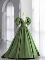 Simple V Neck Puffy Sleeves Satin Long Prom Dress, Satin Prom Dresses