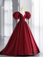 Simple V Neck Puffy Sleeves Satin Long Prom Dress, Satin Prom Dresses