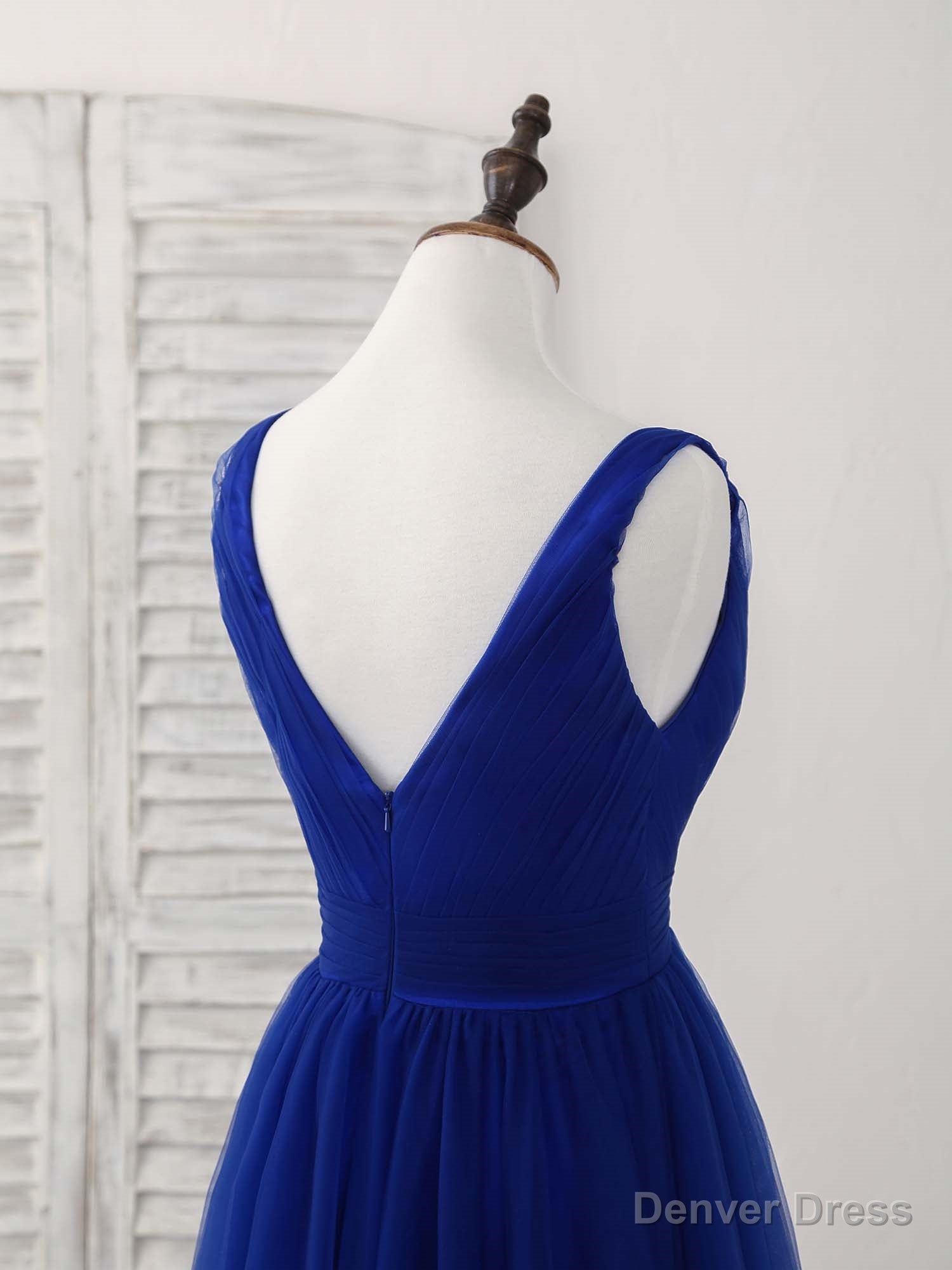 Simple V Neck Royal Blue Tulle Long Prom Dress Blue Evening Dress