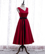 Simple V Neck Satin Burgundy Short Prom Dress, Burgundy Bridesmaid Dresses