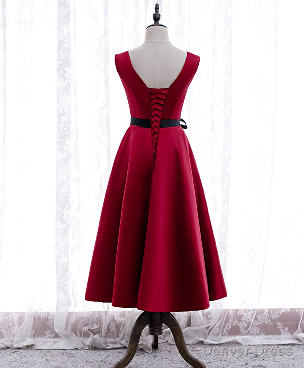 Simple V Neck Satin Burgundy Short Prom Dress, Burgundy Bridesmaid Dresses