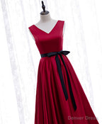 Simple V Neck Satin Burgundy Short Prom Dress, Burgundy Bridesmaid Dresses
