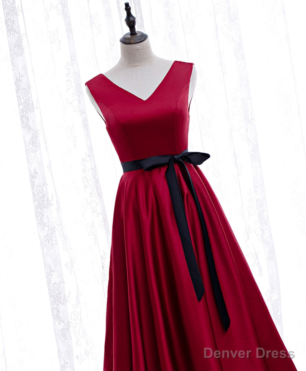 Simple V Neck Satin Burgundy Short Prom Dress, Burgundy Bridesmaid Dresses
