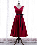Simple V Neck Satin Burgundy Short Prom Dress, Burgundy Bridesmaid Dresses