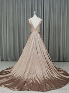 Simple v neck satin champagne long prom dress champagne evening dress