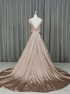 Simple v neck satin champagne long prom Dress champagne Prom Dresses