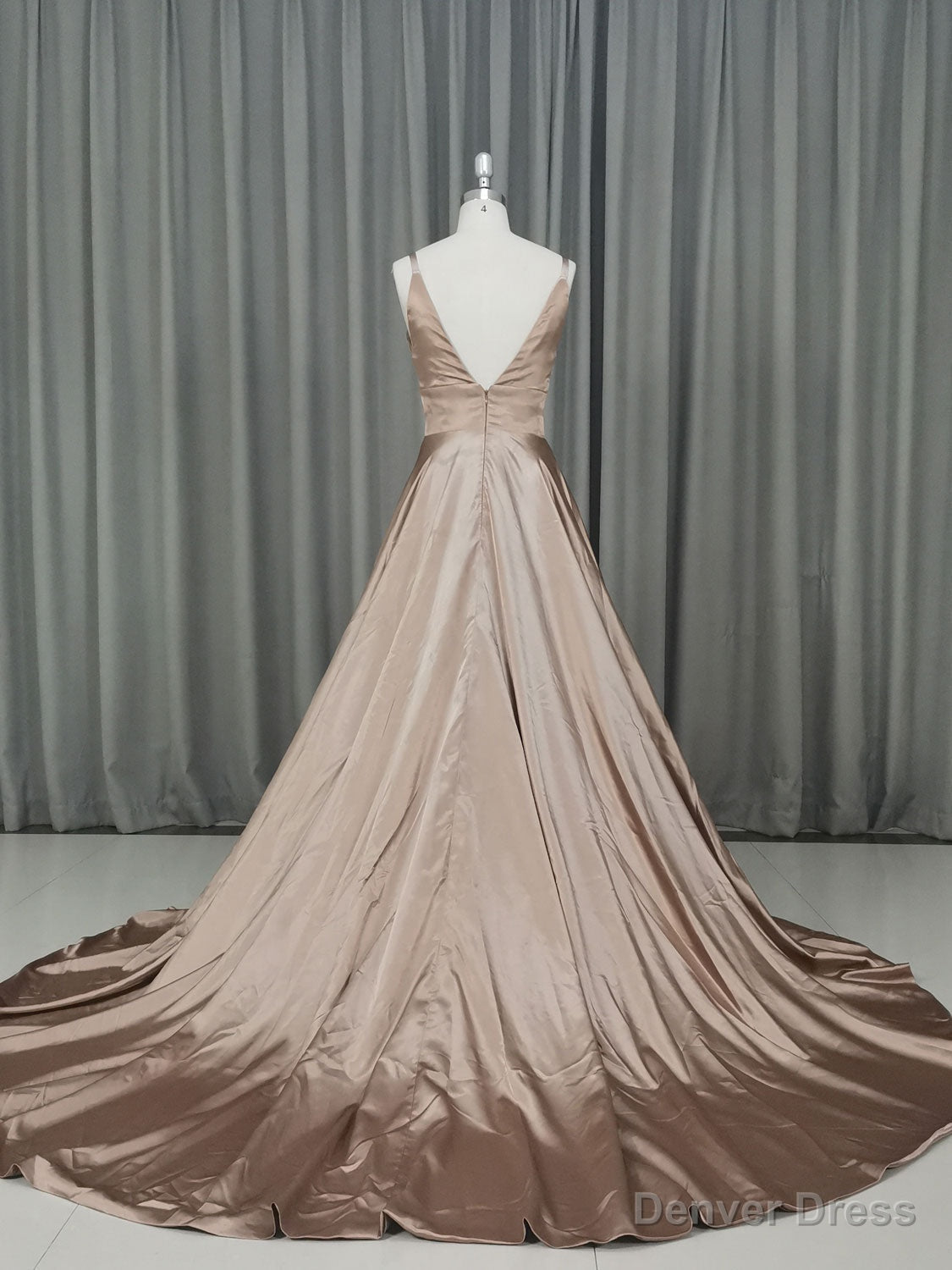 Simple v neck satin champagne long prom Dress champagne Prom Dresses