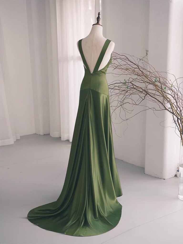 Simple V Neck Satin Green Long Prom Dresses, Green Long Formal Dresses