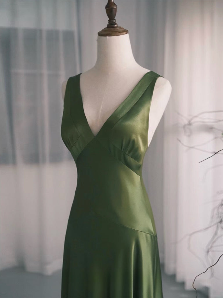 Simple V Neck Satin Green Long Prom Dresses, Green Long Formal Dresses