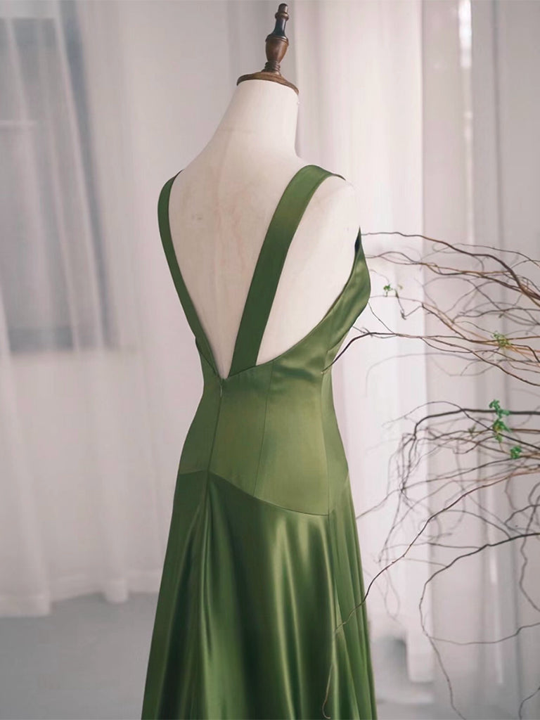 Simple V Neck Satin Green Long Prom Dresses, Green Long Formal Dresses