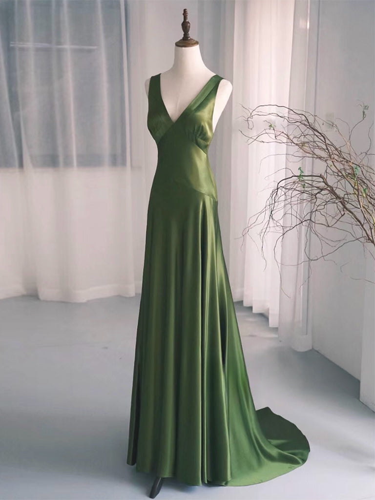 Simple V Neck Satin Green Long Prom Dresses, Green Long Formal Dresses Main image