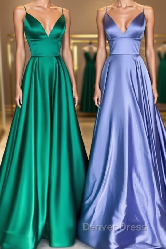Simple v neck satin long prom Dress satin Prom Dresses