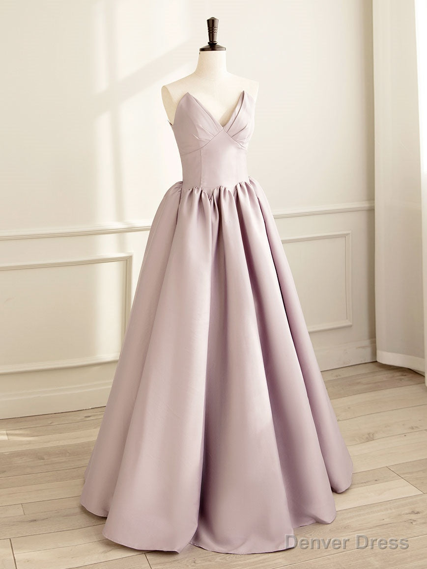 Simple V Neck Satin Pink Long Prom Dress, Satin Prom Dresses