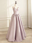 Simple V Neck Satin Pink Long Prom Dress, Satin Prom Dresses