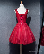 Simple V Neck Tulle Burgundy Homecoming Dress, Burgundy Prom Dresses