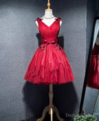Simple V Neck Tulle Burgundy Homecoming Dress, Burgundy Prom Dresses