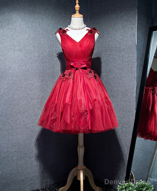 Simple V Neck Tulle Burgundy Homecoming Dress, Burgundy Prom Dresses