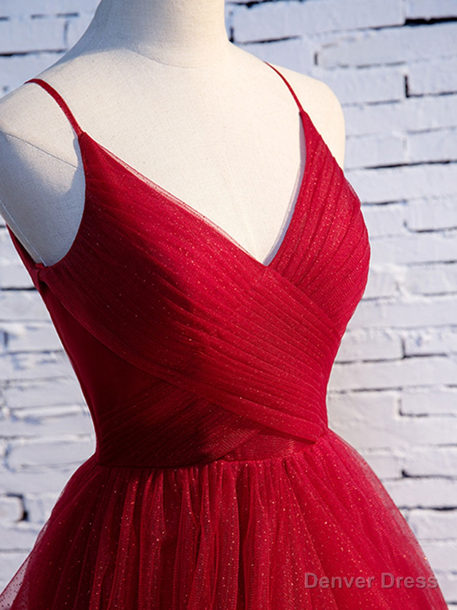 Simple V Neck Tulle Burgundy Long Prom Dress, Burgundy Prom Graduation Dresses