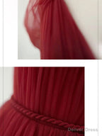 Simple V neck Tulle Burgundy Long Prom Dress, Burgundy Tulle Prom Dresses