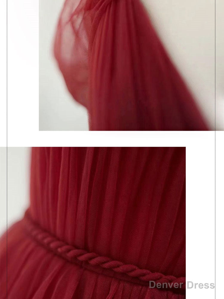 Simple V neck Tulle Burgundy Long Prom Dress, Burgundy Tulle Prom Dresses