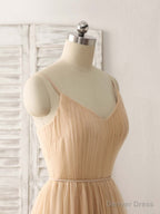 Simple V Neck Tulle Chiffon Long Prom Dress Champagne Bridesmaid Dresses