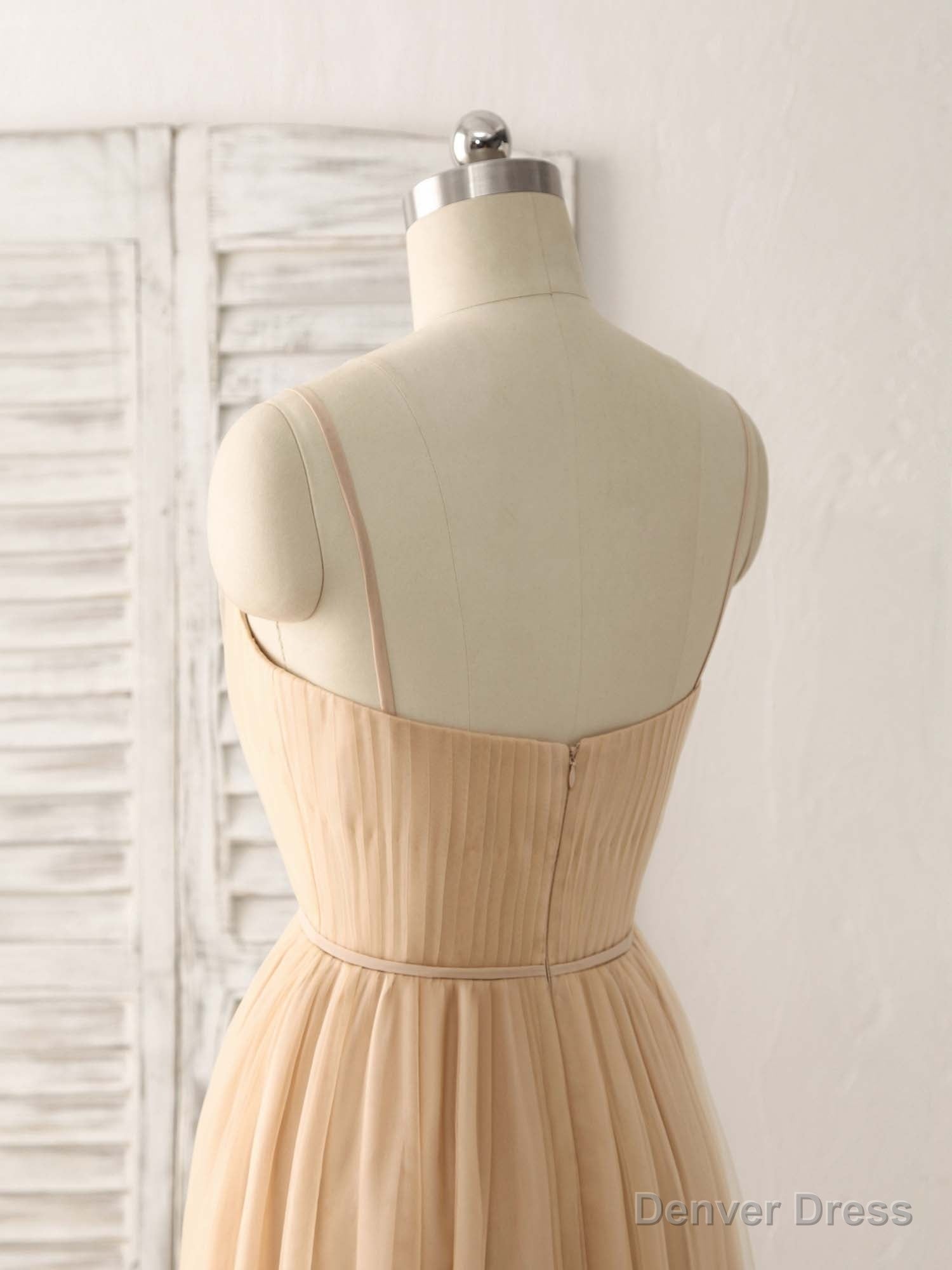 Simple V Neck Tulle Chiffon Long Prom Dress Champagne Bridesmaid Dress