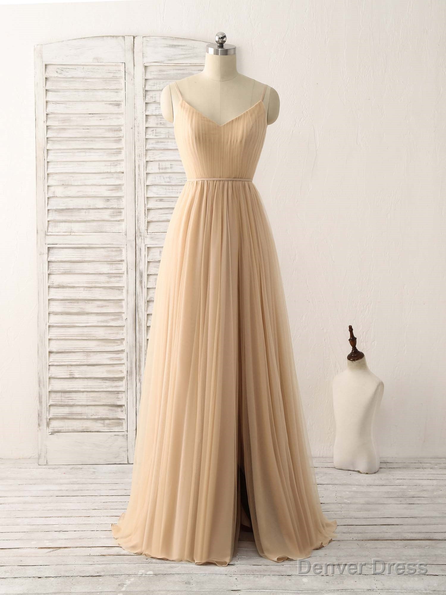 Simple V Neck Tulle Chiffon Long Prom Dress Champagne Bridesmaid Dresses Main image